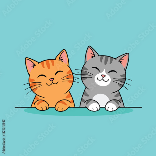 Two adorable cartoon cats with happy expressions peeking over a blue background.