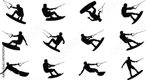 Set of black wakeboarding and kitesurfing athlete silhouettes performing tricks isolated on white background for extreme sports design projects