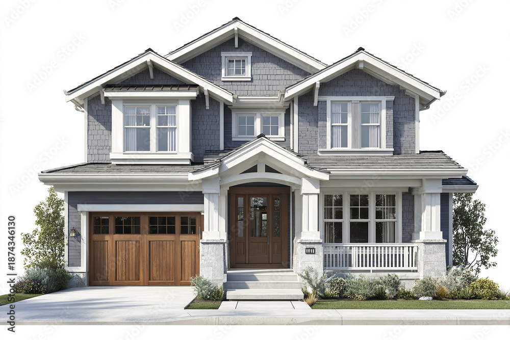 Fototapeta premium Modern American family house with gray exterior and white accents features wooden garage doors, large windows, and welcoming front porch surrounded by greenery and shrubs