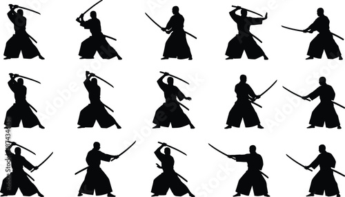 Set of black samurai warrior silhouettes practicing katana sword fighting poses isolated on white background for martial arts design
