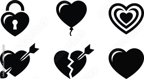 Compilation of black silhouette heart icons portraying diverse aspects of love and human emotions