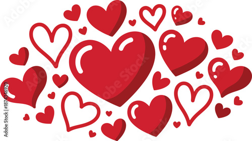 Many bright red and white heart shapes float together expressing strong emotions and feelings