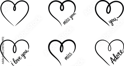 Set of black outline heart symbols, some featuring handwritten words like miss you, you, miss, and Adore