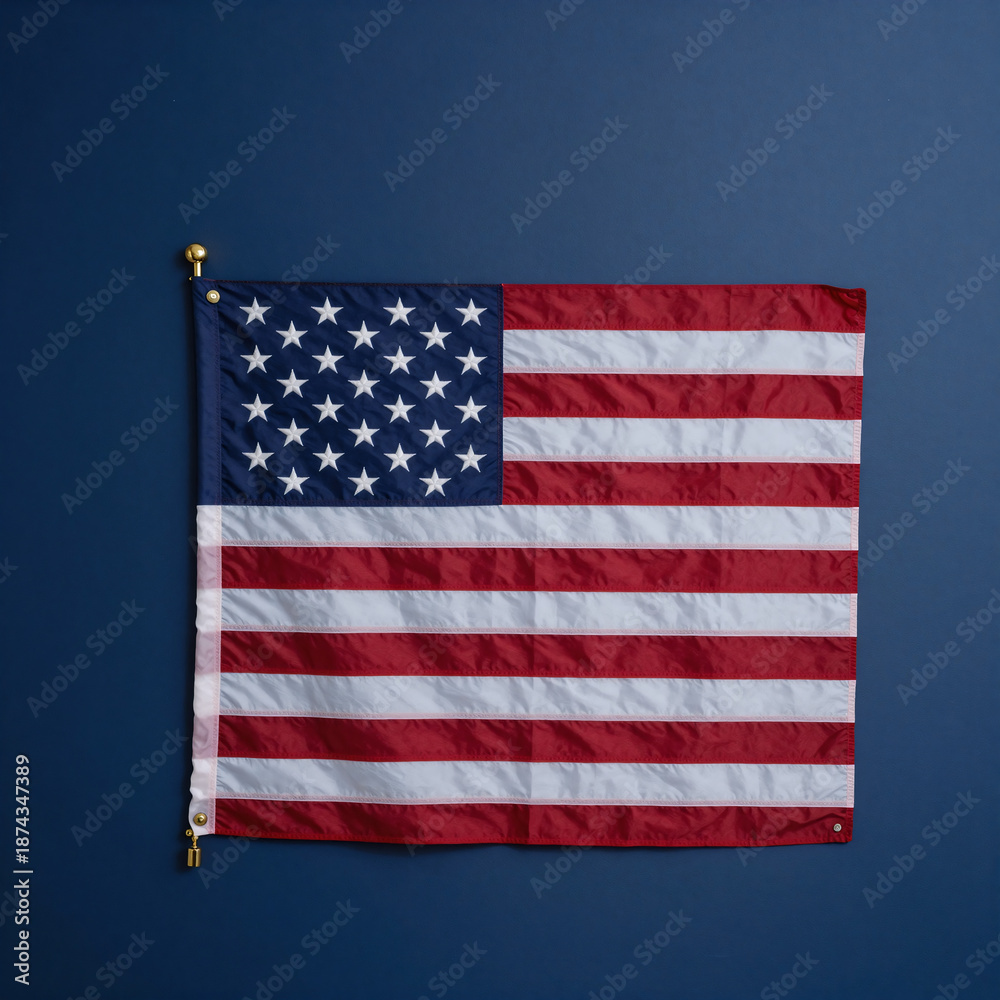 Fototapeta premium American flag on dark blue background symbolizing the 2024 U.S. Presidential Election or July 4th/Memorial Day, featuring a patriotic theme for veterans and national holidays