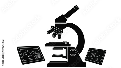 Black silhouette of microscope with slides on white background