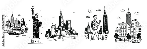 New york city hand drawn travel doodle with skyline landmarks and urban scenes
