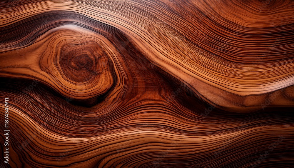 Fototapeta premium close up view of polished wood surface showing natural wood grain patterns with flowing curved lines and warm brown tones