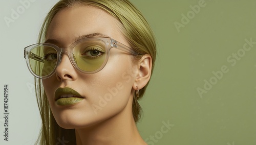 Captivating portrait of a young woman showcasing a vibrant monochromatic green aesthetic with stylish eyewear, matching hair, and bold lipstick, embodying a unique fashion trend