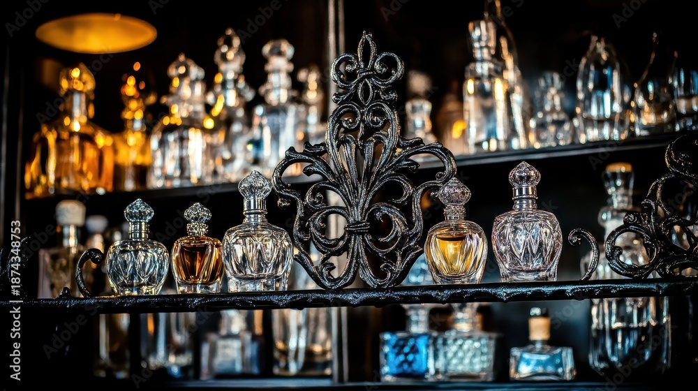 Obraz premium Elegant perfume display shelf featuring ornate black ironwork