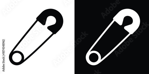 Safety pin icon symbol, closed black safety pin vector silhouette