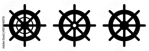 Sail Ship Boat Steering Wheel Rudder or Maritime Sea Navigation Sign Symbol Icon Set. Vector Image.