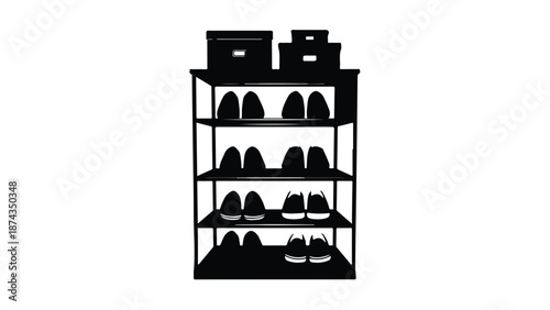 Black silhouette of shoe rack with various shoes and boxes