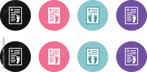 Medical birth certificate report icons with baby footprint symbols in colorful circular buttons for newborn health records documentation.