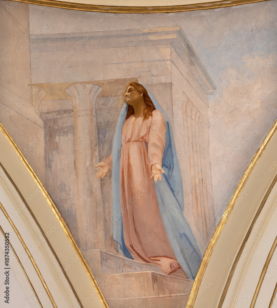Fototapeta premium SALERNO, ITALY - OCTOBER 6, 2025: The fresco of Virgin Mary in the church Chiesa della Santissima Annunziata by Lorenzo Iovino (1957).