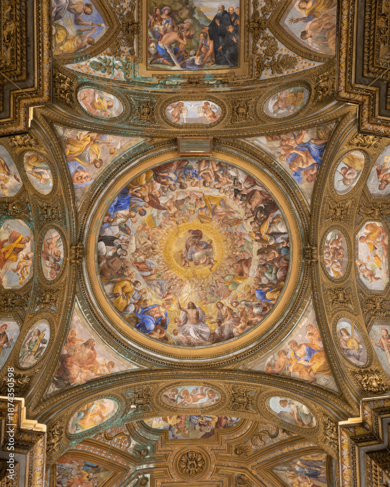 Fototapeta premium SALERNO, ITALY - OCTOBER 6, 2025: The baroque fresco of “Paradiso Salernitano” - Glory of Holy Trinity among the saints and Evangelists - Chiesa di San Giorgio by Angelo Solimena (1674‑1675)
