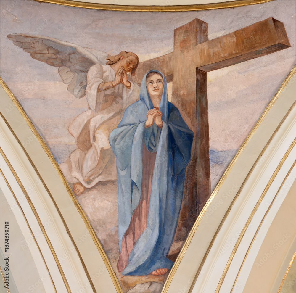 Fototapeta premium SALERNO, ITALY - OCTOBER 6, 2025:The symbolic fresco of Virgin Mary with the Cross in the church Chiesa della Santissima Annunziata by Lorenzo Iovino (1957).