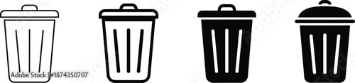 Set of trash can icons in various line weights representing waste management garbage disposal recycling and environmental cleaning.