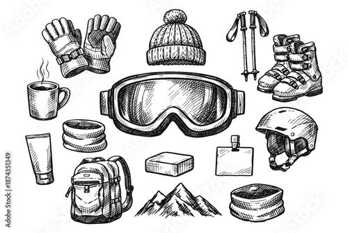 Ski equipment essentials: goggles, helmet, boots, gloves, backpack, poles, winter gear