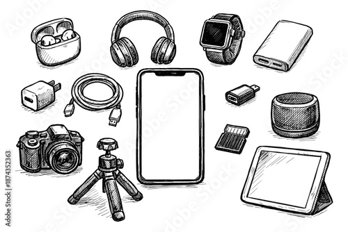 Hand-drawn electronic devices: smartphone accessories and gadgets collection