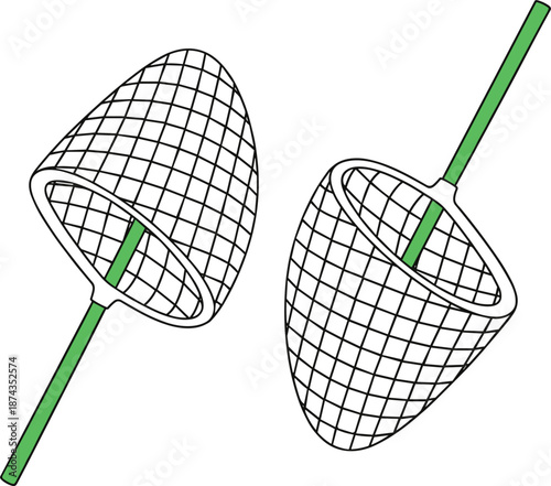 Landing fishing net icons with green handles for catching fish in sports fishing or aquarium maintenance activities.