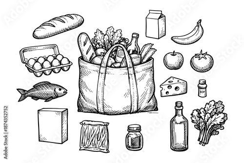 Hand-drawn grocery items collection: bag, bread, eggs, bottle, produce, fish, cheese