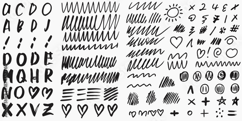 A chaotic collection of hand drawn scribbles letters symbols and artistic elements