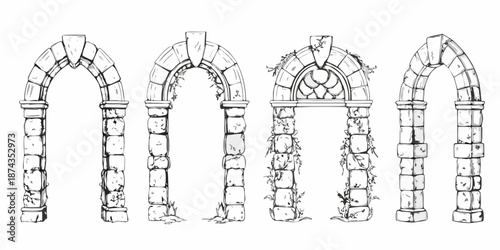 A series of detailed gothic arches sketched in black and white