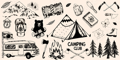 A charming hand drawn collection of camping and outdoor adventure equipment
