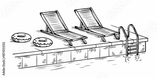 A sketch of two deck chairs a pool and floating rings beside it