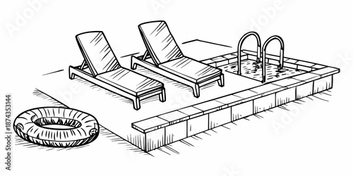 Sketch of a poolside scene with lounge chairs a small pool and float