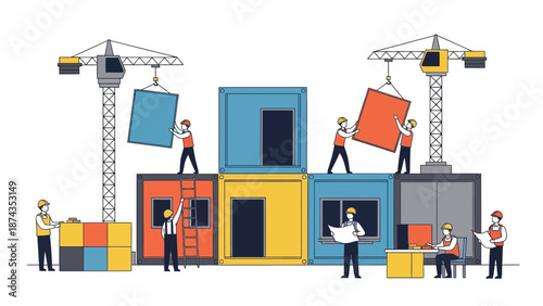 Construction workers assembling modular housing units with cranes in an industrial setting