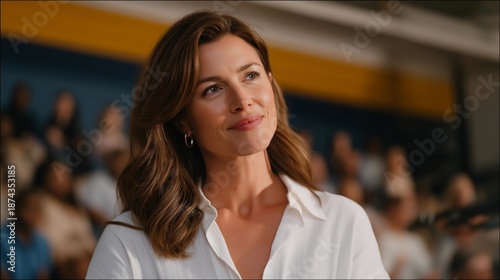 A woman governor hosting a town hall in a packed school gym, sleeves rolled up as she listens intently to citizens sharing concerns — authentic community leadership and accessible political