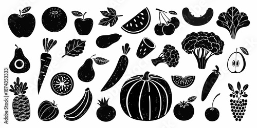 Variety of black silhouette fruits and vegetables arranged on a white background