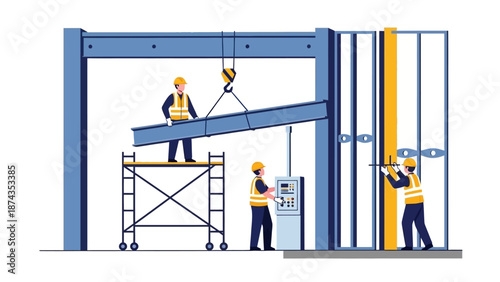 Workers installing large blue metal beam in industrial facility
