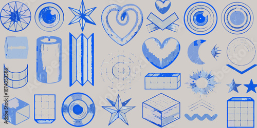 Collection of blue sketched geometric shapes and symbols on a light background