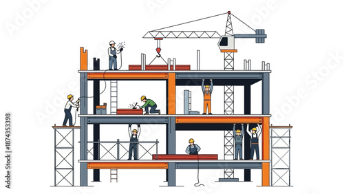 Construction workers building a multi-story structure with a crane overhead