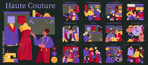 Haute Couture Fashion Design Process Vector Illustration