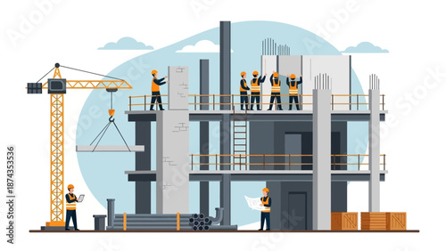 Construction workers building a modern house with a crane on site