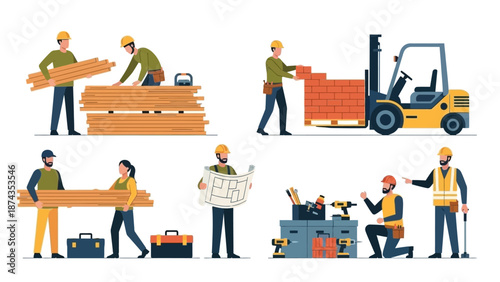 Workers constructing a building with wooden planks and forklift machinery in an industrial setting