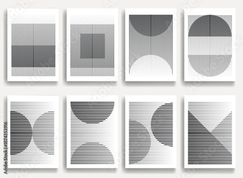 Geometric vector posters set with speed lines- modern geometric circles, semicircles , triangles pattern created with thick and bold dynamic lines for design. Shapes for posters and branding.
