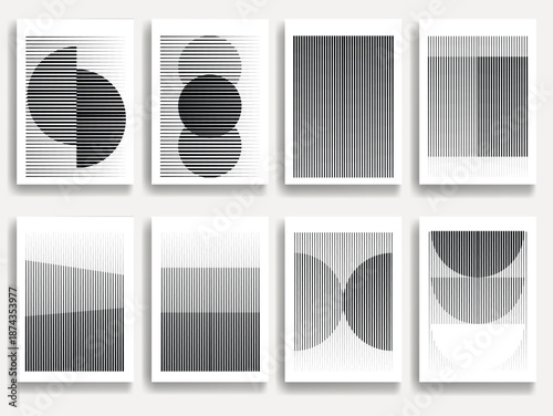 Geometric vector posters set with speed lines- modern geometric circles, semicircles , triangles pattern created with thick and bold dynamic lines for design. Shapes for posters and branding.
