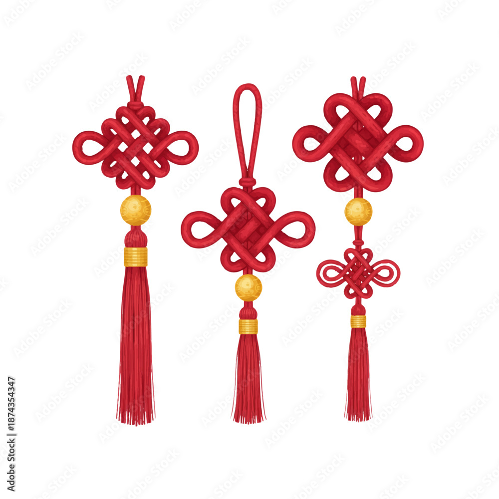 Obraz premium Harmony of Chinese Knots: A stunning illustration of Chinese knot, a timeless emblem of good fortune and unity. The vibrant red knots, adorned with gold embellishments.