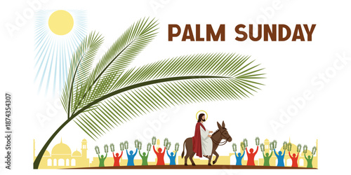 Palm Sunday Illustration of Jesus Christ Riding a Donkey with Palm Leaves Celebration