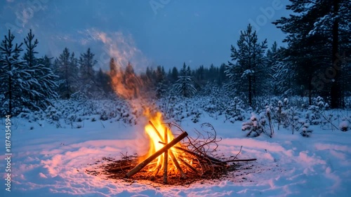 Winter Warmth - Campfire in Snowy Forest at Dusk.