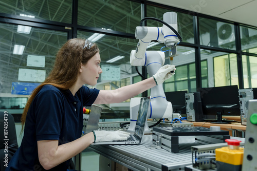 Schilderij op canvas female automation trainee interacting with robotic arm at smart factory workstat