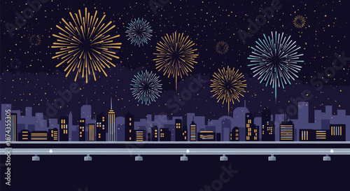 Fireworks Explosion Over City Skyline at Night.