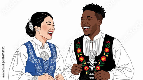 Two happy people wearing cultural clothing, a woman and a man laughing together in traditional attire. Diverse couple celebrates heritage with authentic cultural clothing and joy,