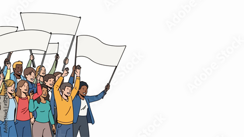 Diverse protest crowd holding blank banners on white background. Group of people demonstrating together, forming visible protest crowd for social change.