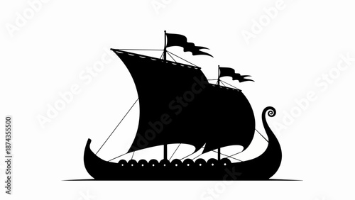 Black silhouette of Viking ship sailing across white background. Stylized graphic shows ancient Scandinavian Viking ship with single sail, oars, and distinctive dragon prow.