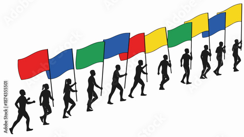 People holding flags march in dynamic procession, creating colorful display. Silhouetted figures stride forward, each people holding flags of red, blue, green, yellow, symbolizing unity and movement.